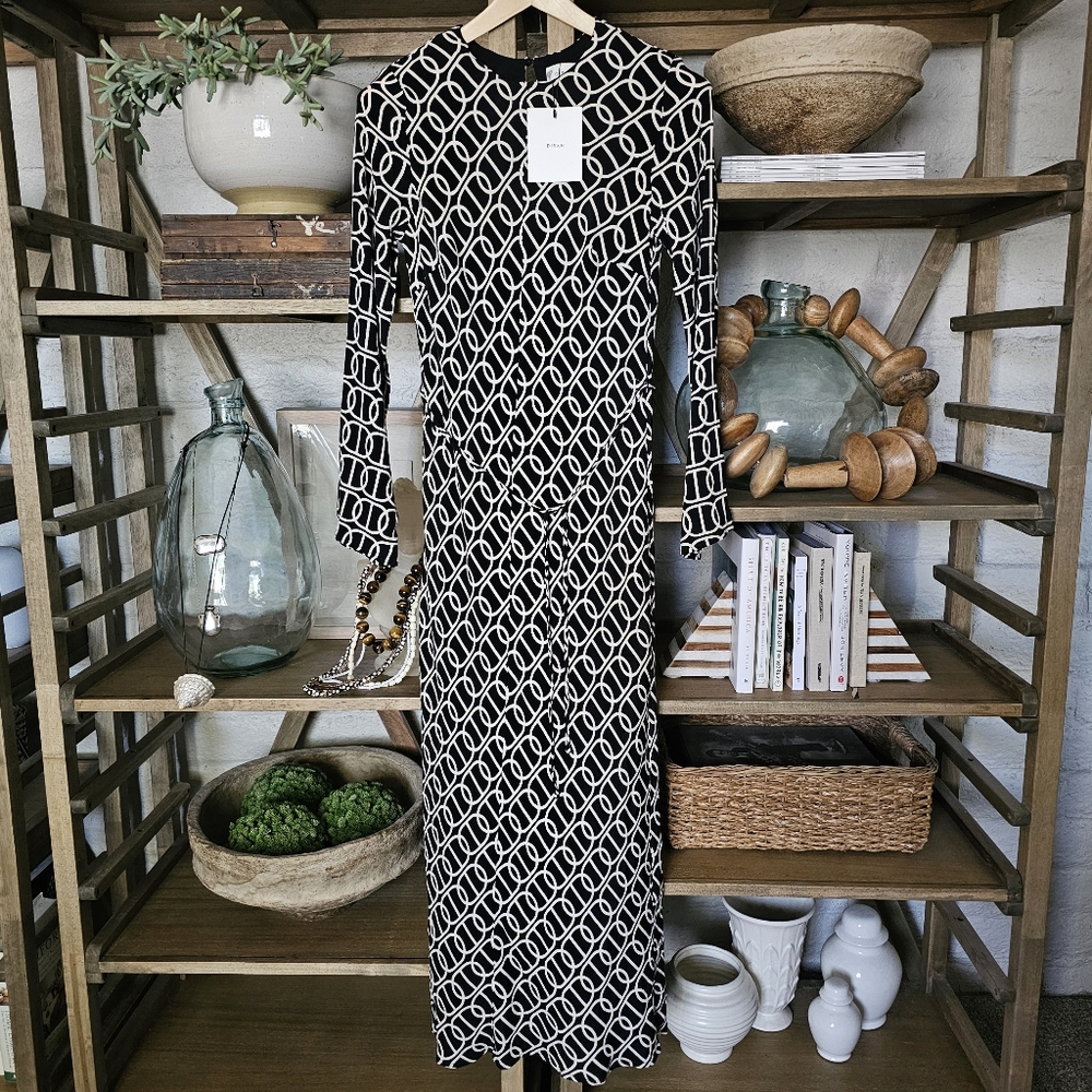 Dissh Izzie Chain Dress Black + Cream Bias Cut Long Sleeve Maxi NWT AU 8 = US 4